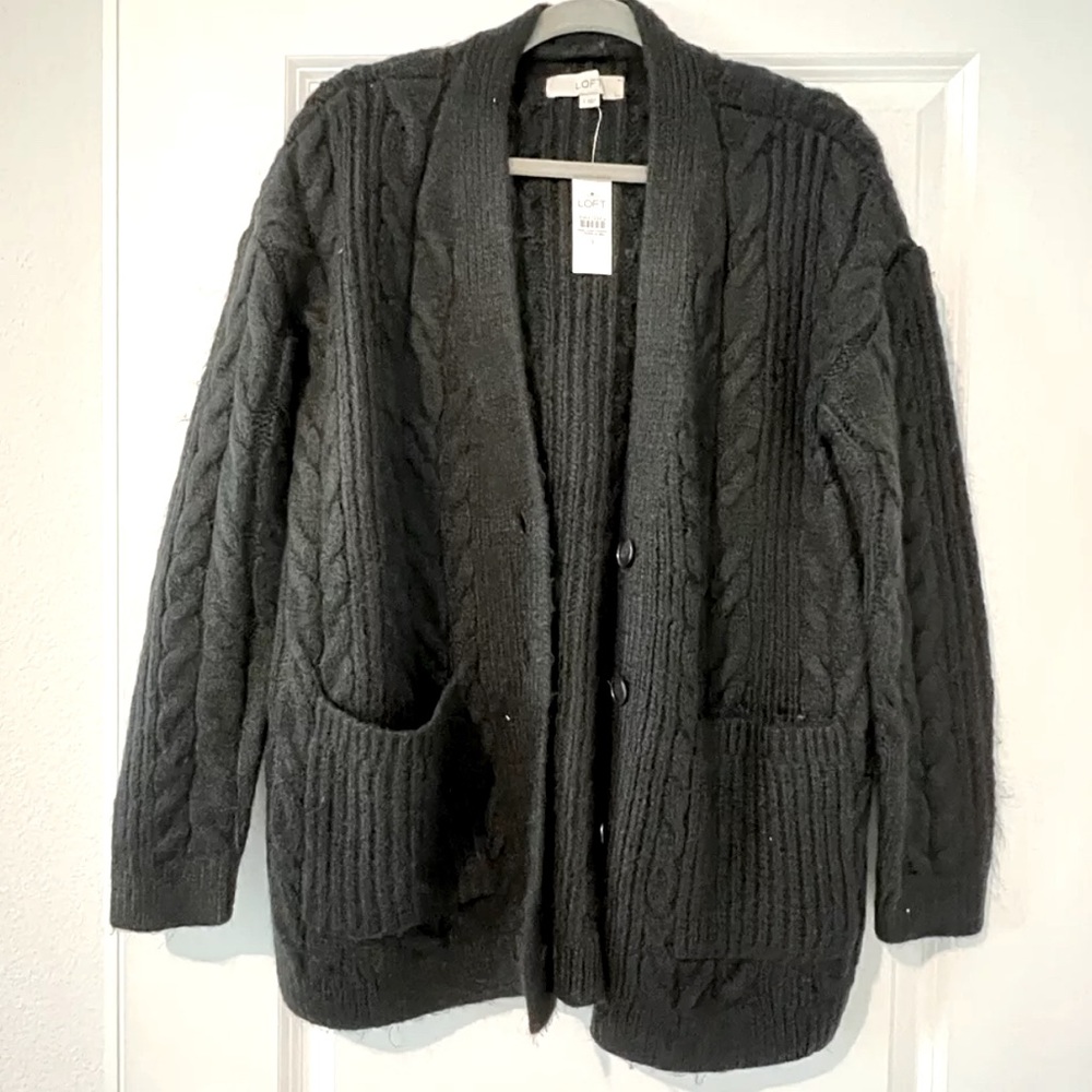 NWT Loft Women's Black Button Up Cardigan Size Small Cable Boyfriend